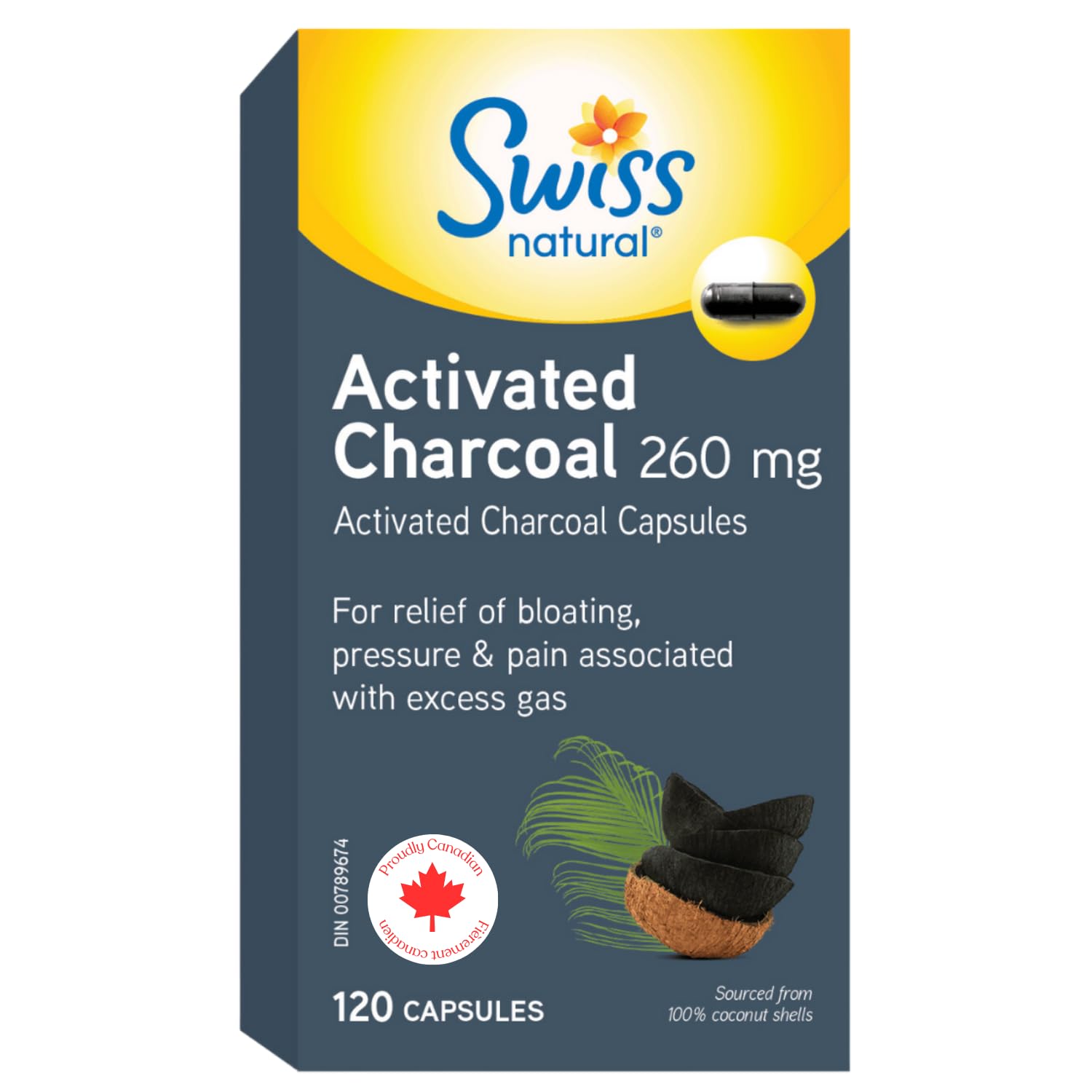 Swiss Natural Activated Charcoal, 260mg | Relief for Bloating, Gas