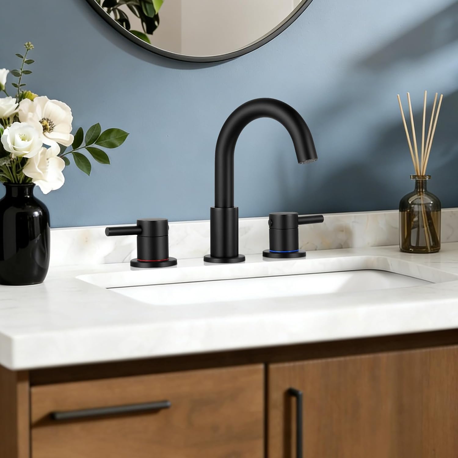 FGKQ Black Bathroom Faucet for Sink 3 Hole, Bathroom Sink Faucet with Pop Up Drain, 8 Inch Widespread Vanity Faucet 3 Hole, 360° Swivel Two Handle with Supply Lines - Image 2