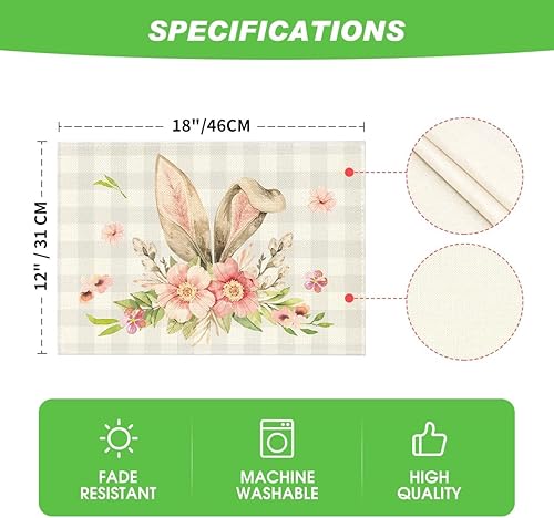 Miniatura 6 de Artoid Mode Juego de 6 manteles individuales de Pascua con orejas de conejo, diseño de búfalo, flores y flores, 12 x 18 pulgadas, para decoración de