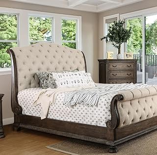 MASARA Rustic Natural Tone Sleigh Bed Frame, Button Tufted Headboard and Footboard, Beige Linen-Like Fabric, Solid Wood Construction (Cal.King)