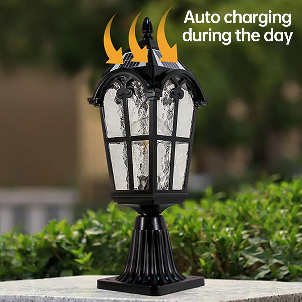 Farola Solar Exterior de Cristal Vintage, farola de Pilar Impermeable IP65 con Carcasa de Aluminio, luz de Columna Solar LED, luz para Tapa de Valla, terraza, Patio, Villa, jardín, Entrada.