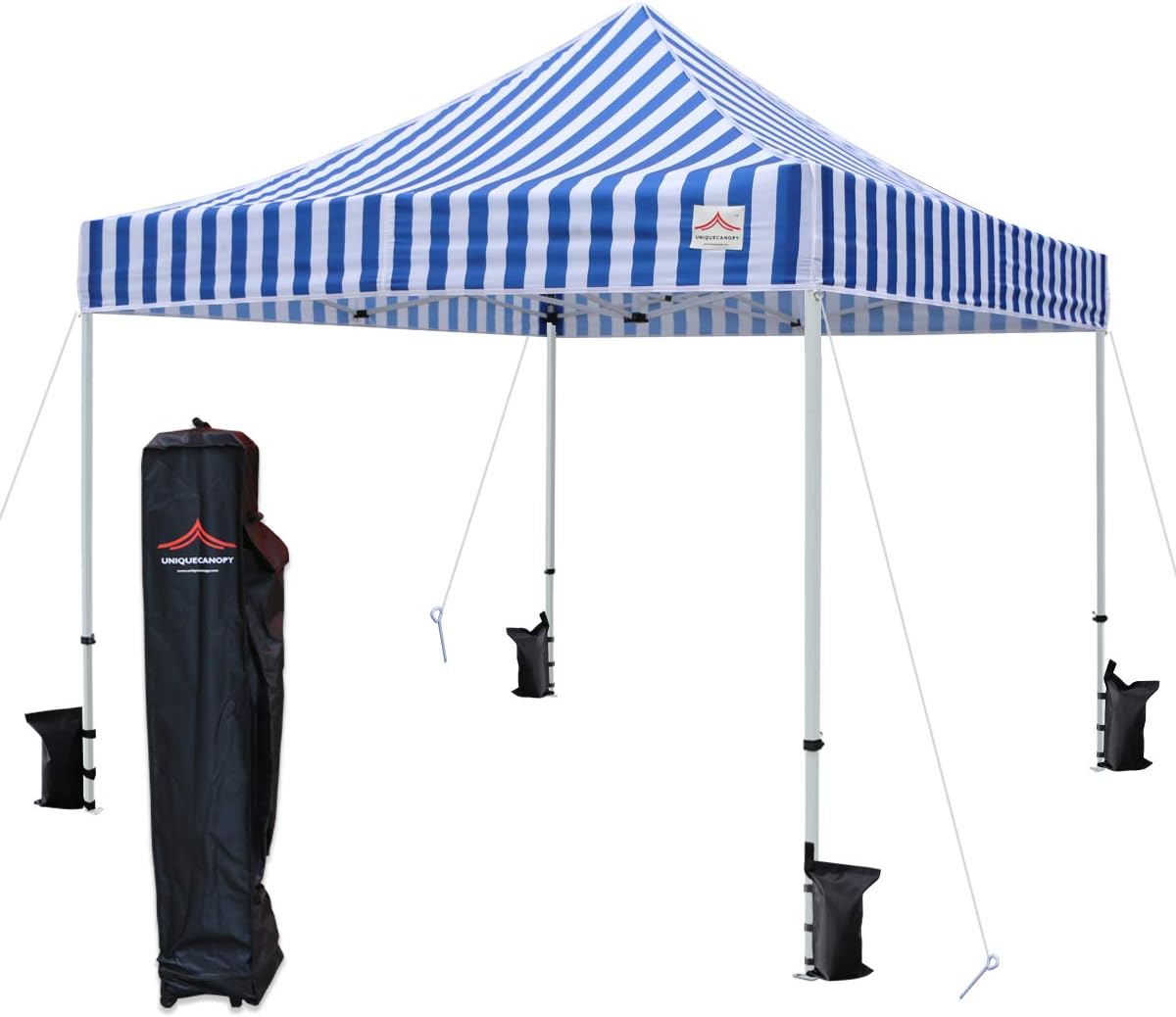 300D Classic 10x10 Ez Pop up Canopy Instant Tent Outdoor Party Portable Folded Commercial shelter, with Wheeled Carrying Bag Steel Blue White Strip