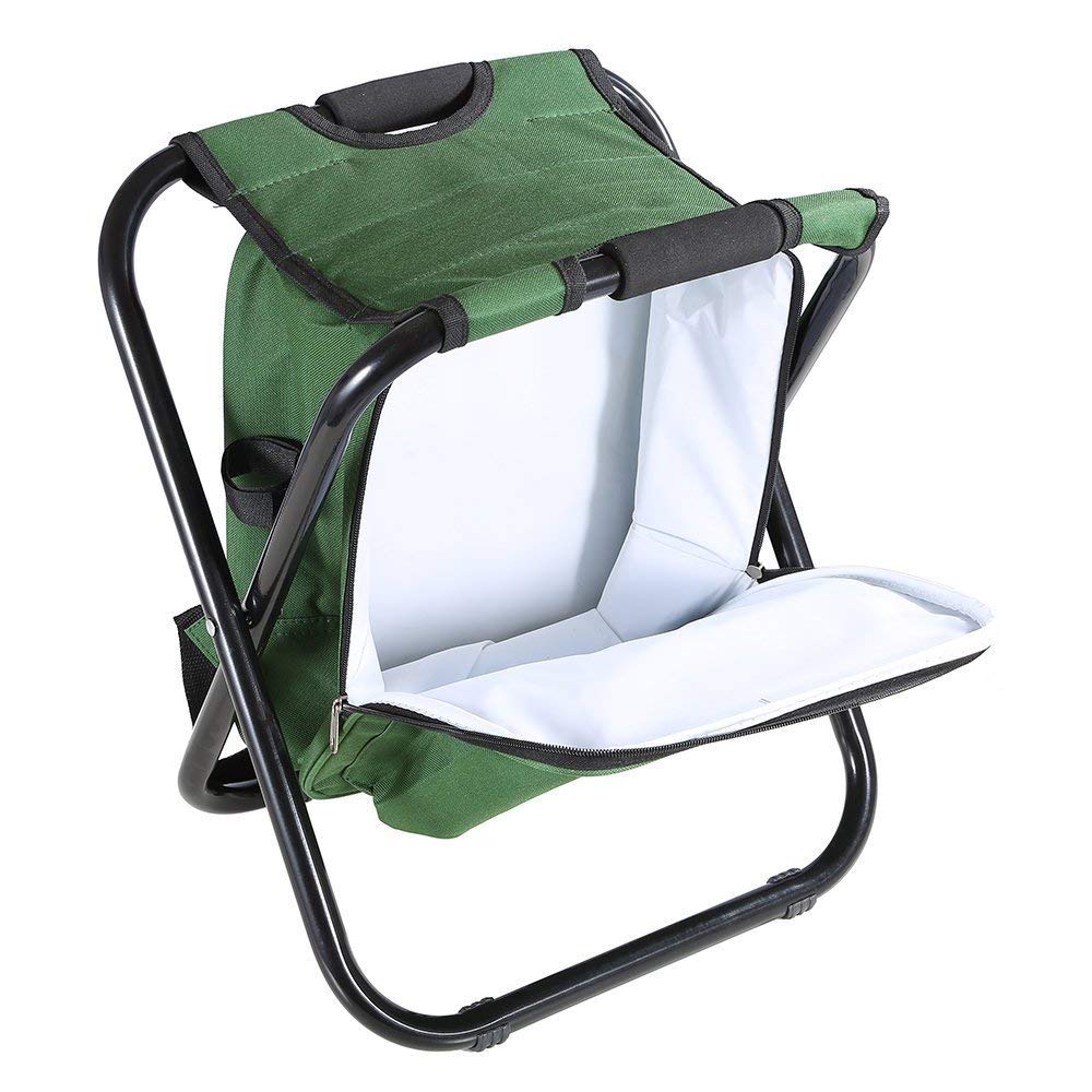 Fishing Backpack Chair, Portable Camping Stool, Foldable Solid Construction Backpack Stool with Double Layer Oxford Fabric Cooler Bag for Fishing, Beach, Camping, House and Outing (Green)