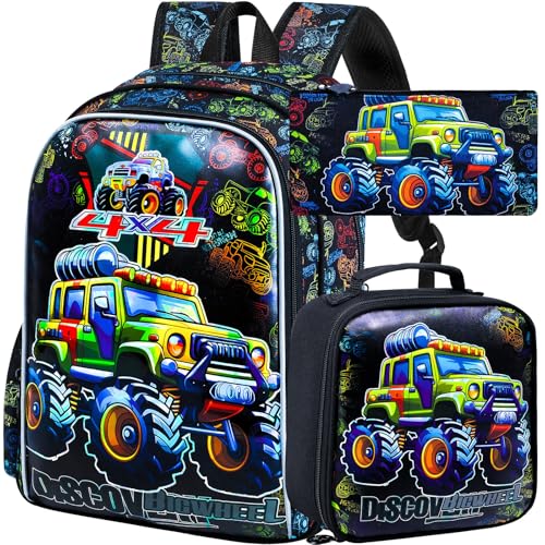 AGSDON 3PCS Kids Backpack for Boys, Trucks Bookbag with Lunch Box...