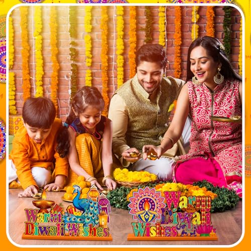 Image of CroBlissful 6 Pcs Diwali Wooden Table Centerpiece Warm Diwali Washes Wooden Table Sign Festival Candle Elephant Peacock Signs Farmhouse Wood Tabletop Decor for Home Party, 6 Styles