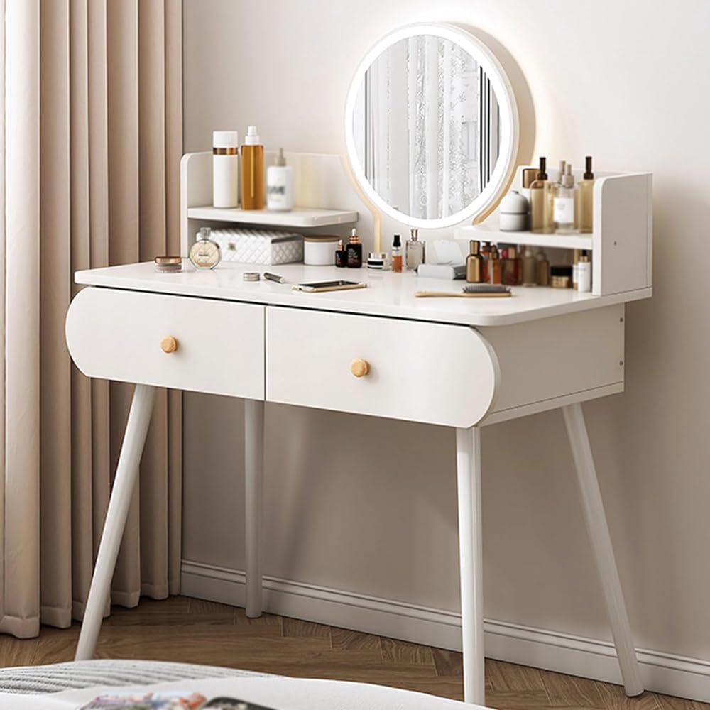 Tavolo da trucco illuminato con luminosità regolabile, 3 opzioni di colore, elegante scrivania per il trucco con cassetti Elegante design bianco e nero per gli amanti della bellezza