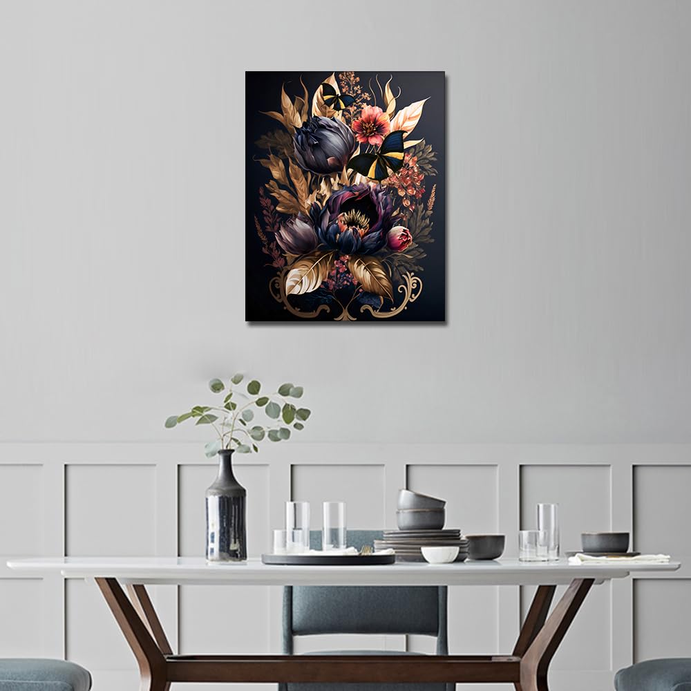 TISHIRON Kit di pittura con fiori con numeri, per adulti, con cornice, motivo farfalle, per adulti, con pennelli, pittura con numeri, su tela, pigmenti acrilici, artigianato artistico per la casa