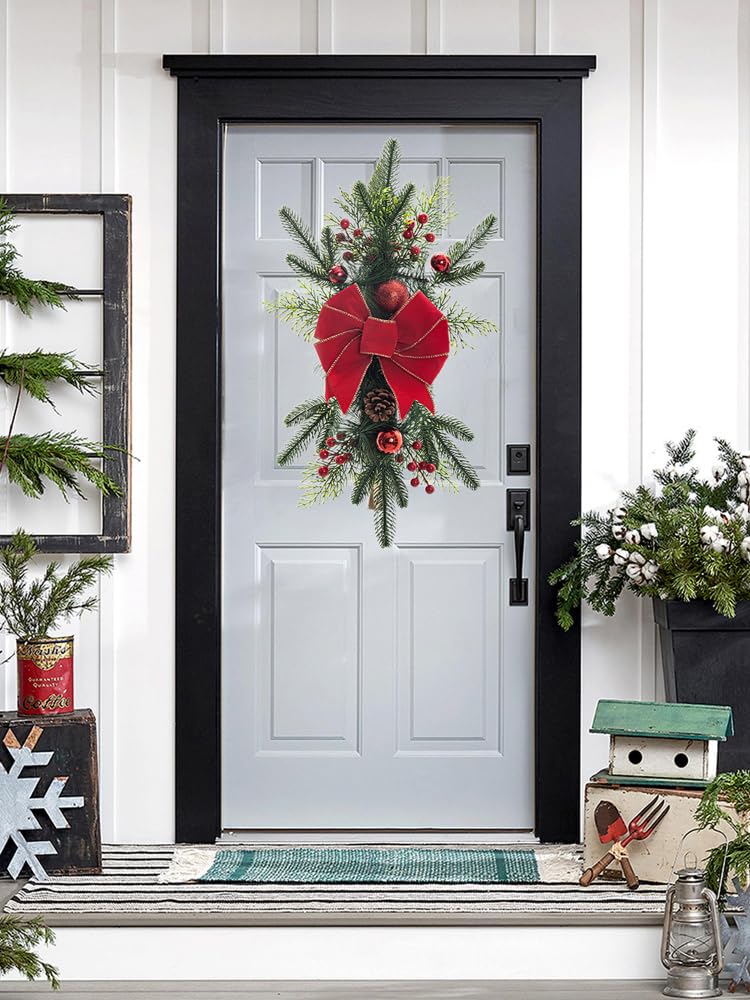 MISNODE Christmas Stairway Swag, Christmas Teardrop Swag Stairway Swag Red Poinsettia for Stairs, Christmas Swag for Front Door Stairs, Wall Hanging Ornaments (A)