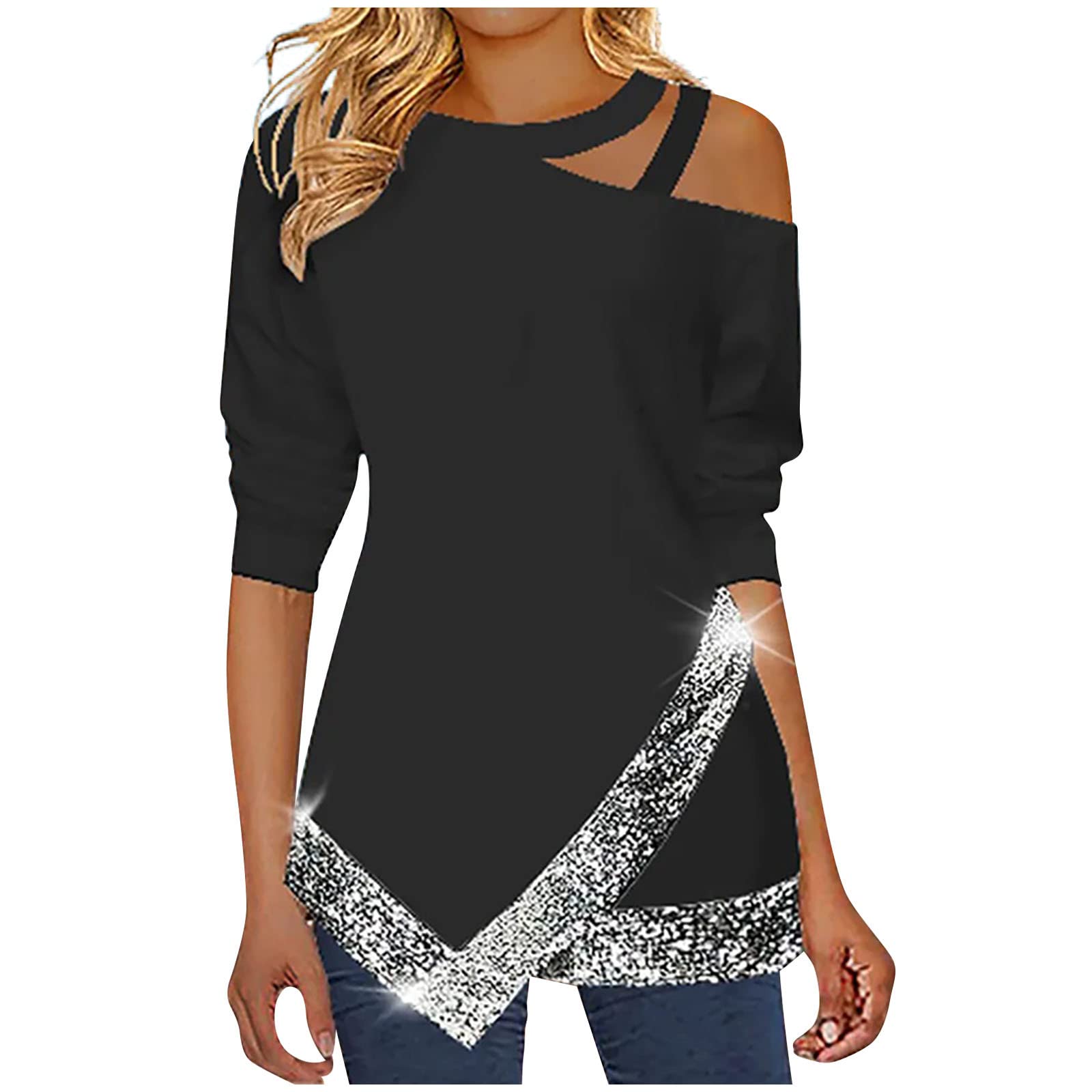 NUSGEAR 2023 Camiseta de Manga Larga Mujer Moda Color sólido Blusa Camisa un Hombro Lentejuelas Slim Fit Camiseta Sexy Tops Fiesta Casual T-Shirt Original otoño Primavera tee Jersey suéter Talla Grande