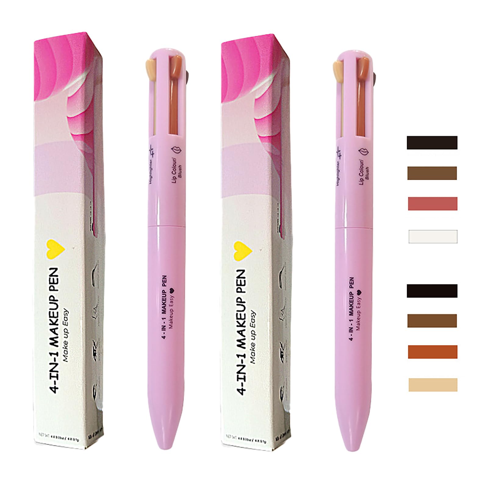 4 in 1 Make-Up Pen, 4 in 1 Makeup Pen Make Up Eye Liner, Brow Liner, Lip Liner and Highlighter Pen, Multifunction Waterproof Long Lasting 2PCS, Pink