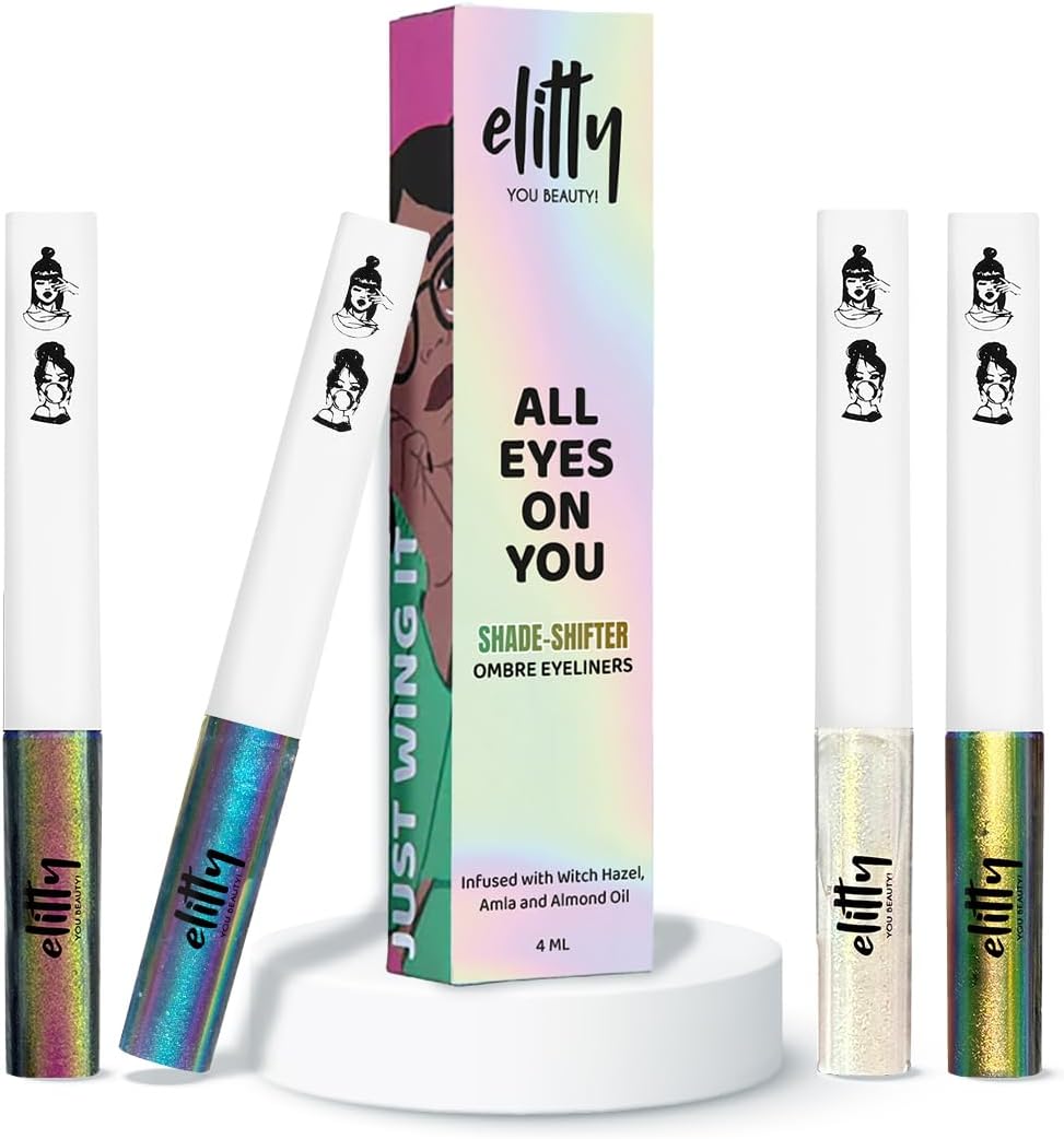 Elitty Vivid Vibe Ombre Waterproof Liquid Eyeliner Combo (Pack of 4) | Holographic Shades (Green-Brown,Purple-Blue,Pink-Copper,Golden-Green) | Lasts Upto 12 Hrs | 4 ML Each