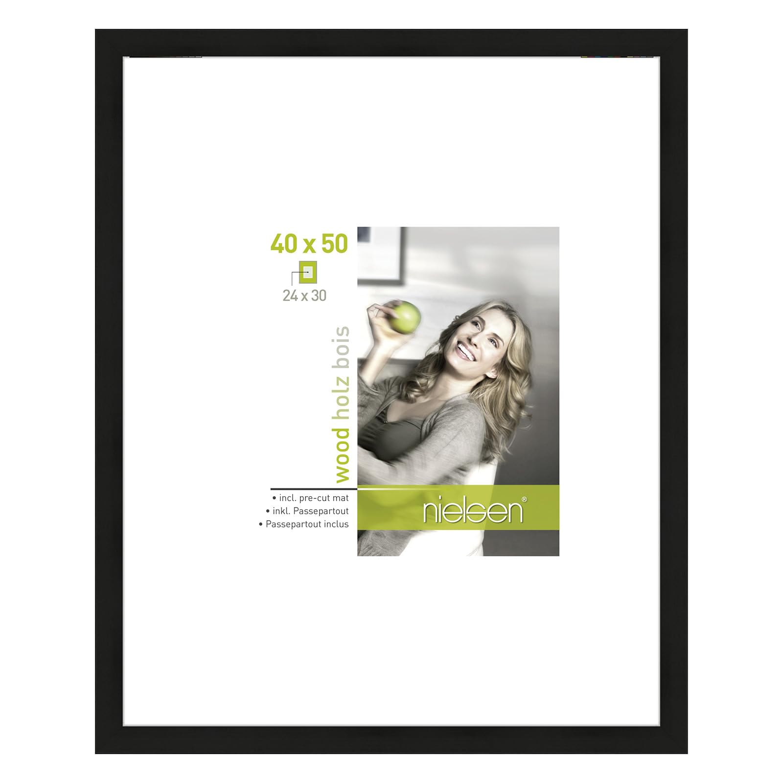 accent by nielsen Apollon Wooden Picture Frame - Black 40x50cm with White Mount for 24x30cm Picture - Float Glass and Easy Push and Turn Clips