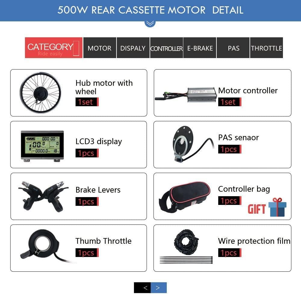 Kit de Conversion Moteur Avant pour vélo électrique, 48 V 1000 W, Compatible avec Les moyeux de vélos électriques 20"/24"/26"/27,5"/28"/29"/700C, et incluant Un écran TK-LED900S.