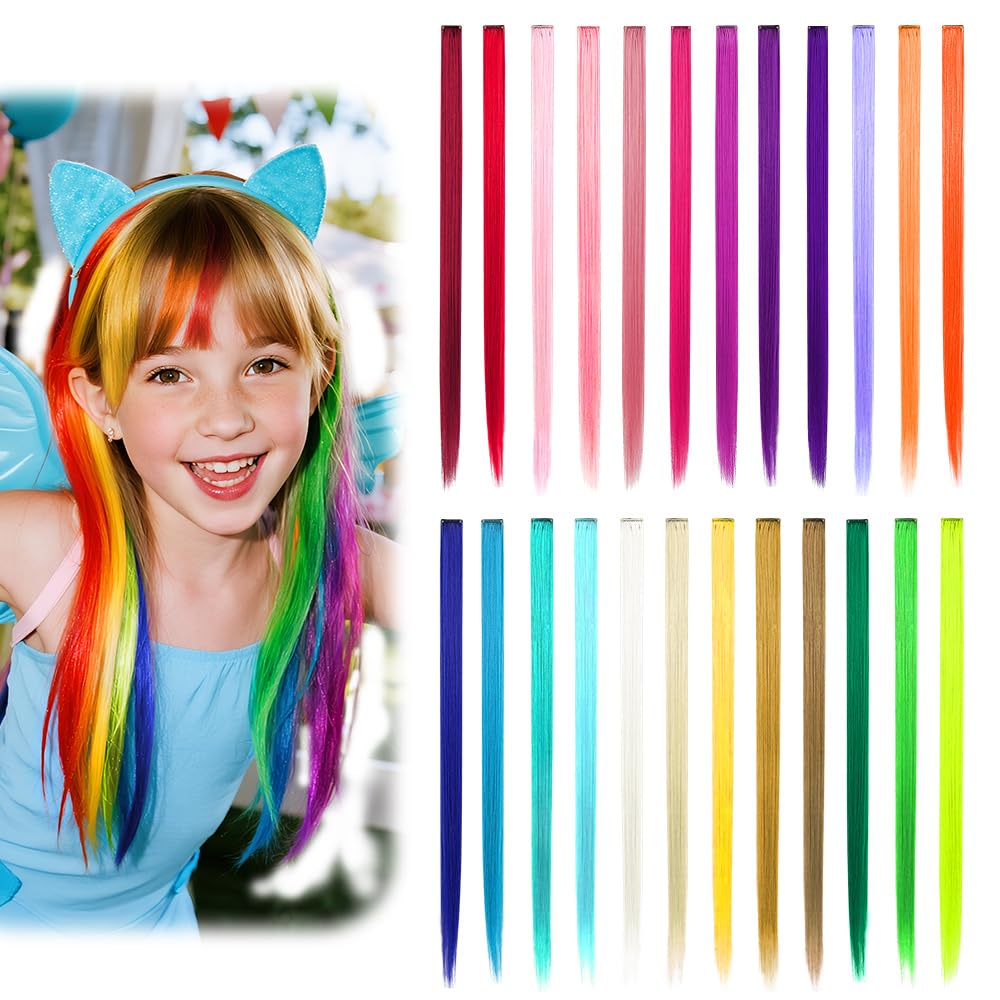 Dreamlover Colourful Hair Extensions Clip in, Coloured Hair Extension for Girls Christmas Gifts, Kids Hair Accessories for Girls, Crazy Hair Day for Kids, 24 PCS