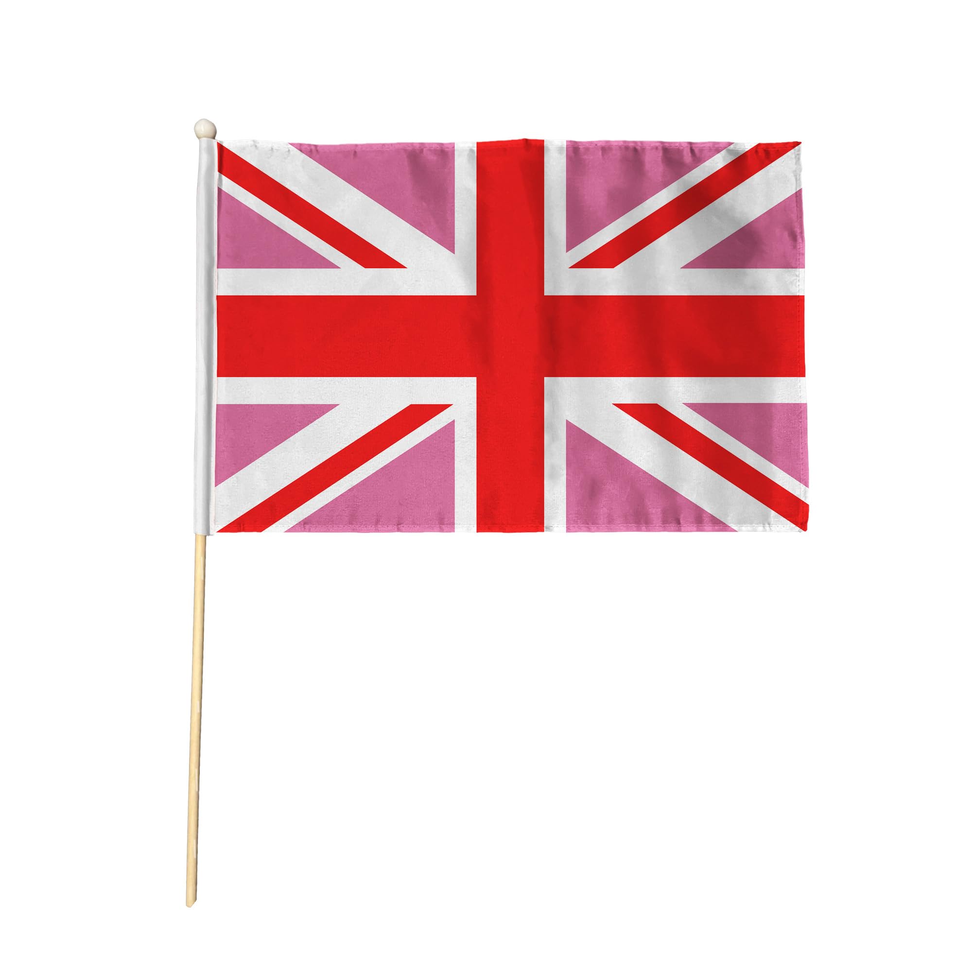 Flagtex Union Jack Pink Pack of 12 Hand Waving Flag (9x6 Inch) - Premium Wooden Stick Hand Flag 9x6 Inch Natural Wood Pole UK British Pink Flag Events Parades