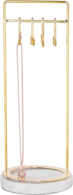 Sasha Morel Hanging Jewellery Organiser Stand with Marble Tray | Necklace Stand Display and Earring Holder Bedroom Decor | Hanging Storage for Necklaces, Bracelets, Earrings (Gold)