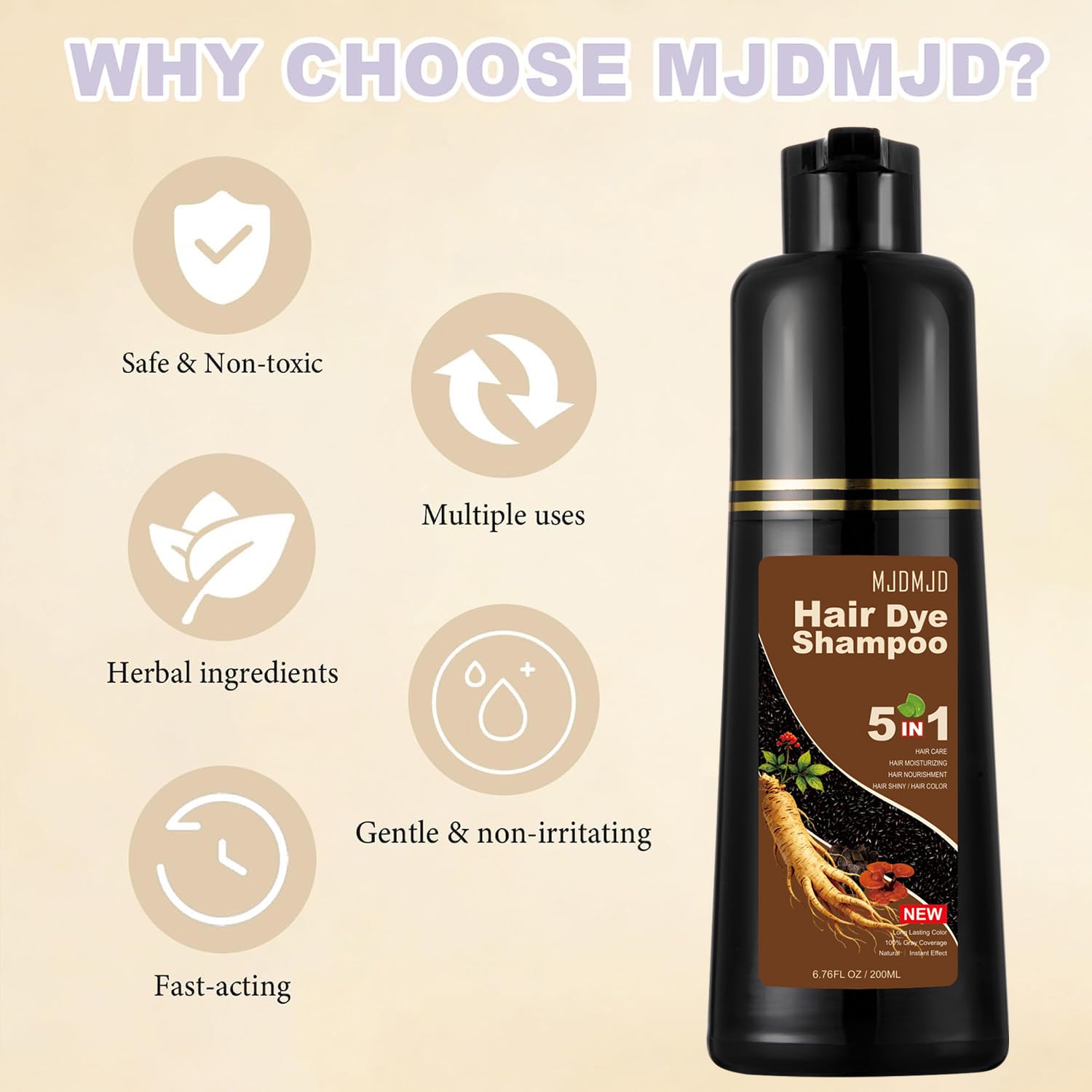 Light Brown Hair Dye Shampoo 5-in-1, 200ml – Natural Herbal Formula for Gray Hair Coverage, Semi-Permanent Color for Women & Men, Easy At-Home Use, Travel-Friendly & Convenient (Light Brown) image 3