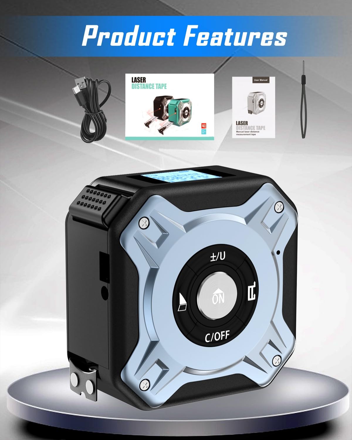 Cinta Metro Laser 2 en 1, Medidor Laser Distancia de 40m y Cinta Metrica de 5m, Metro Digital de Recargable USB-C, Pantalla HD LCD, 4 Modos de Medición, M/In/Ft, para Bricolaje y Decoración del Hogar