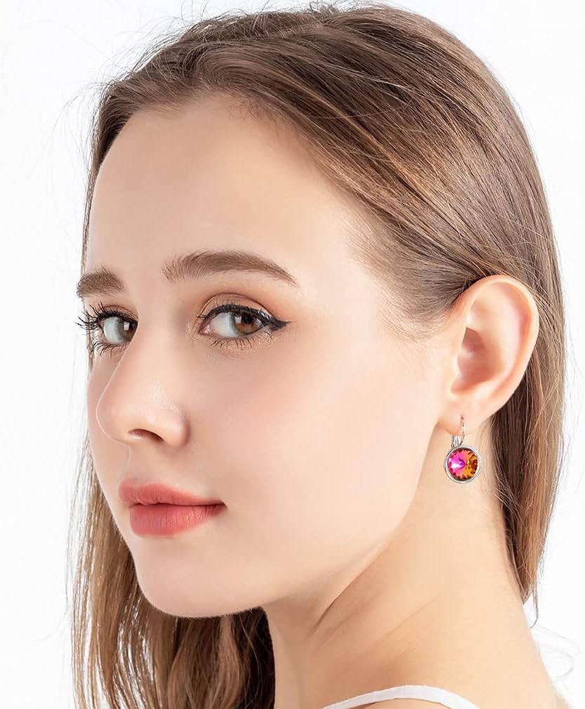 Austrian Crystals Round Drop Leverback Earrings for Women 14K Gold Plated Hypoallergenic Hoop Earrings - Image 2