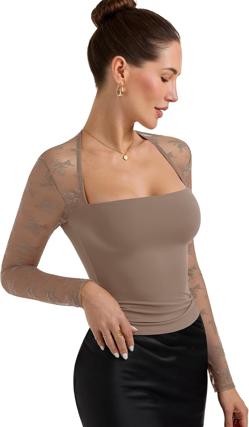 PINKMSTYLE Women Sexy Square Neck Lace Long Sleeve Tops Slim Fit Double Lined Trendy Y2K Going Out Fall Shirts - Image 4