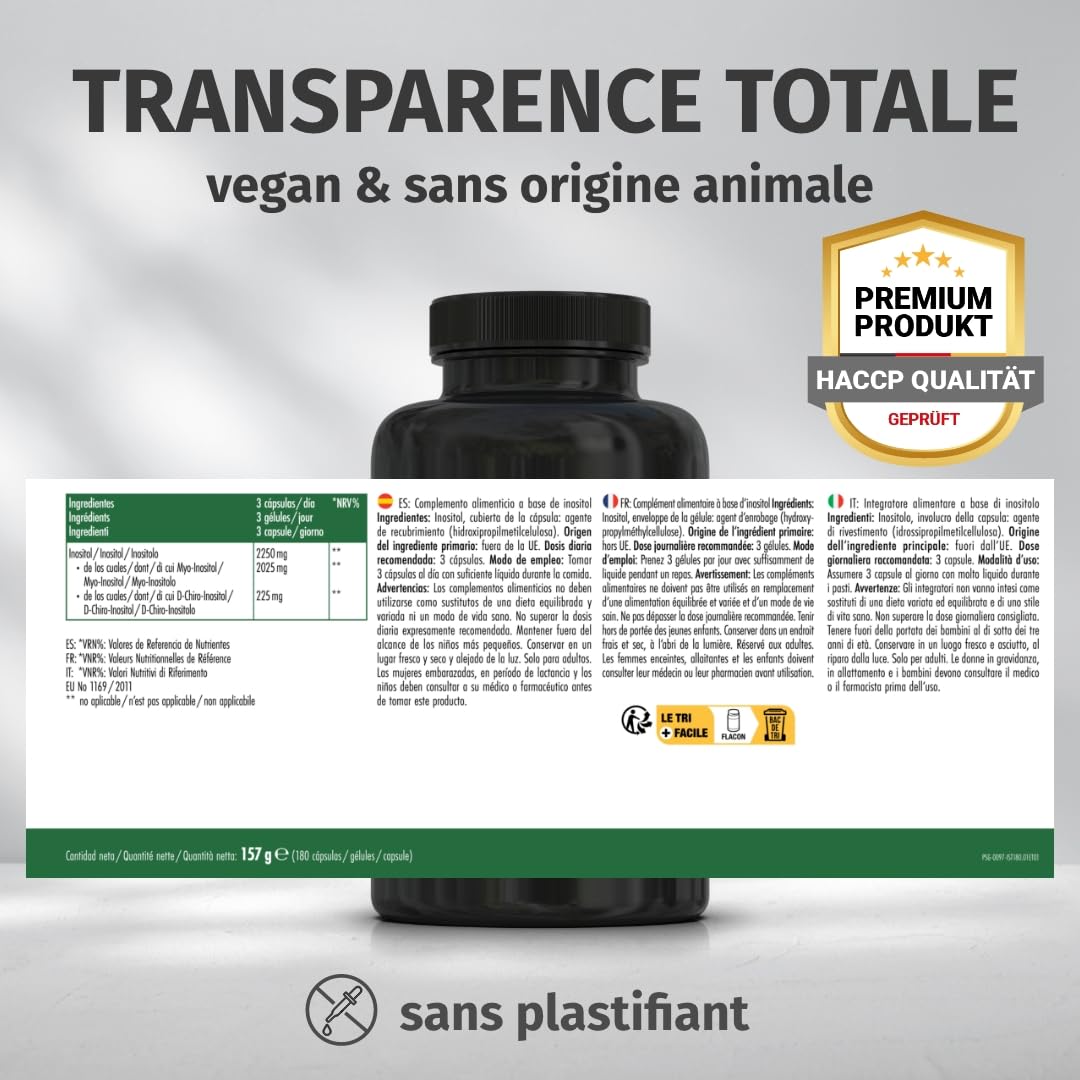 Green Naturals Inositol 2 250 mg – ratio 90:10 myo/D-chiro – 180 gélules | Issu de fermentation · Vegan · Sans additifs · Cure de 2 mois