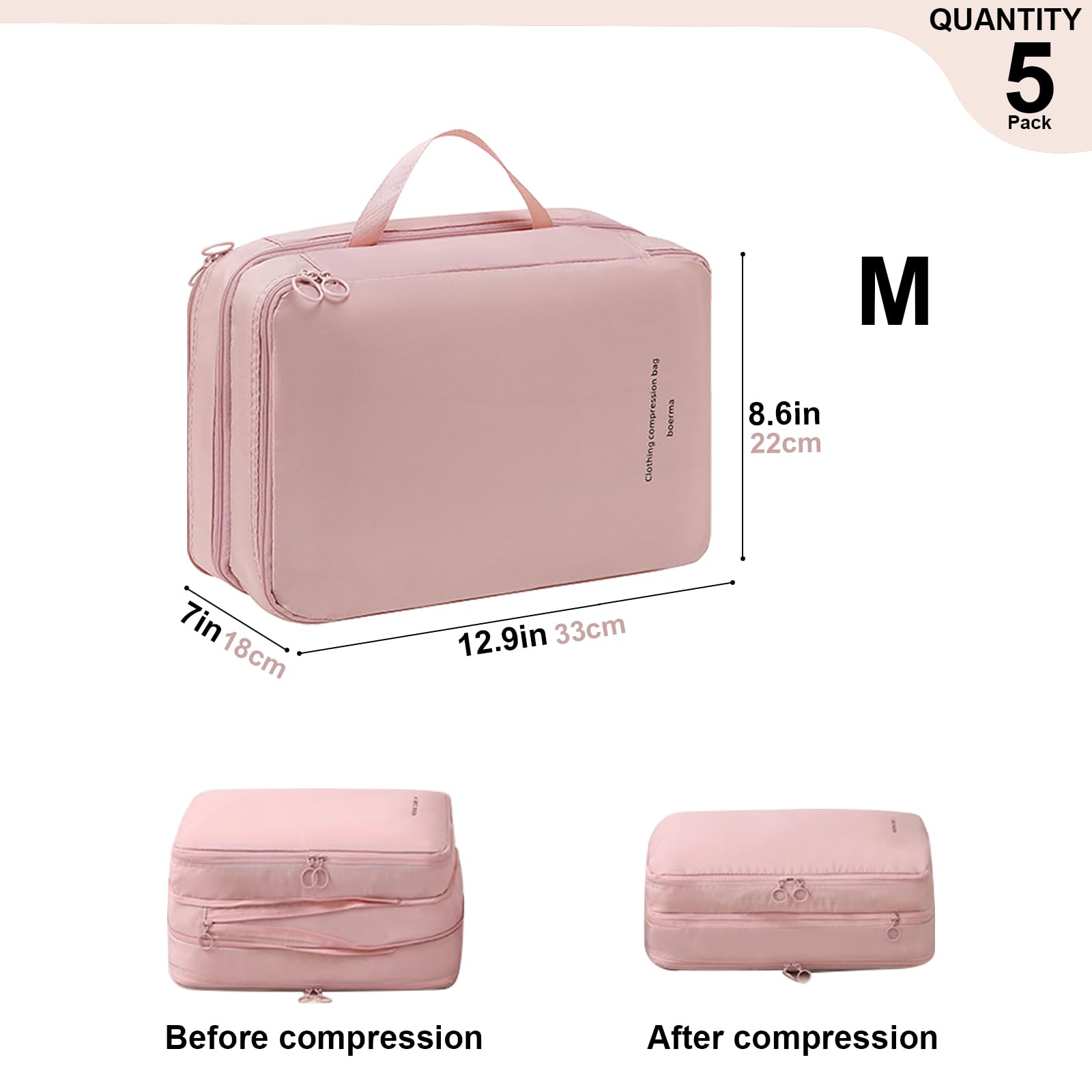Cubi di imballaggio a compressione a doppio strato per viaggi, borse organizer per bagagli comprimibili per valigie borsa da imballaggio accessori da viaggio, rosa, M