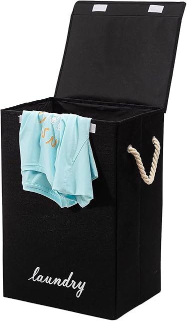 BLADO Laundry Baskets with Lid - Foldable Washing Linen Baskets for Dirty Clothes - Large Laundry Hamper with Handles - Laundry Bin for Bedroom, Storage, Bathroom (Black)