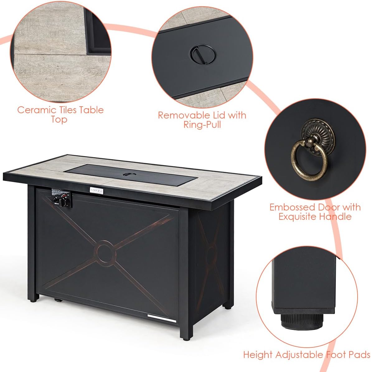 COSTWAY 42" Propane Fire Pit Table, 60,000 BTU Outdoor Rectangle Gas Fire Table W/Ceramic Tabletop, Lava Rock & PVC Cover Included, Stainless Steel Burner, Ideal for Backyard, Poolside