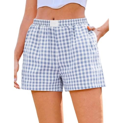 Marvmys Womens Boxer Shorts Cotton Plaid Gingham Shorts Summer Elastic Waist Pajama Buttoms with Pockets Small Blue White Plaid