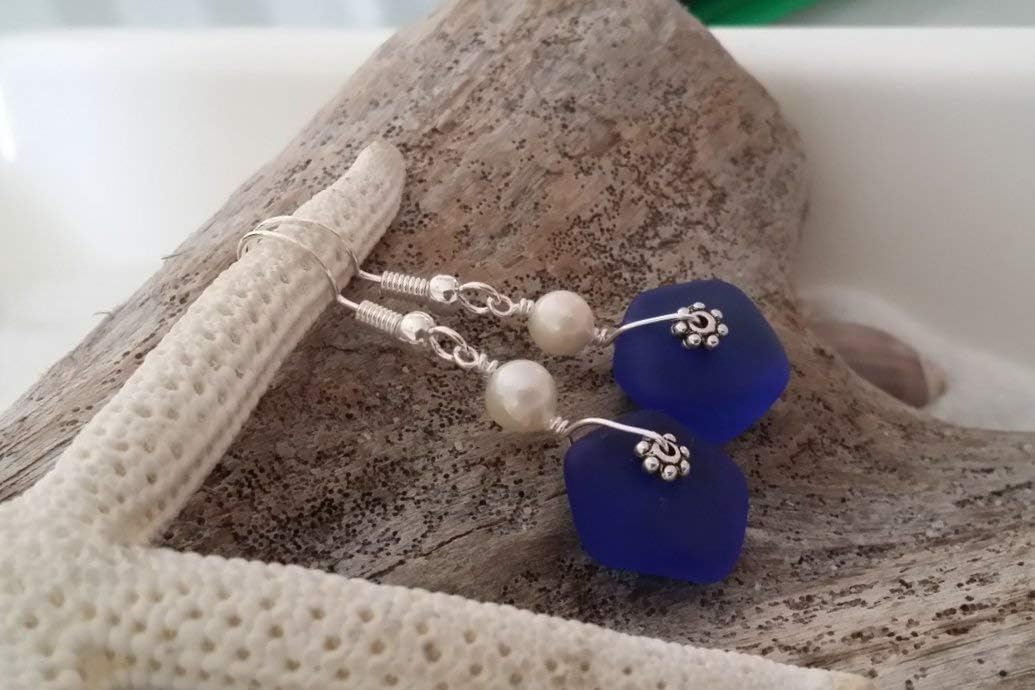 Handmade Sea Glass Earrings, Hawaiian Jewelry for Women, Wire Cobalt Blue Pearl Earrings, Unqiue Beach Jewelry Birthday Gift (September Birthstone)