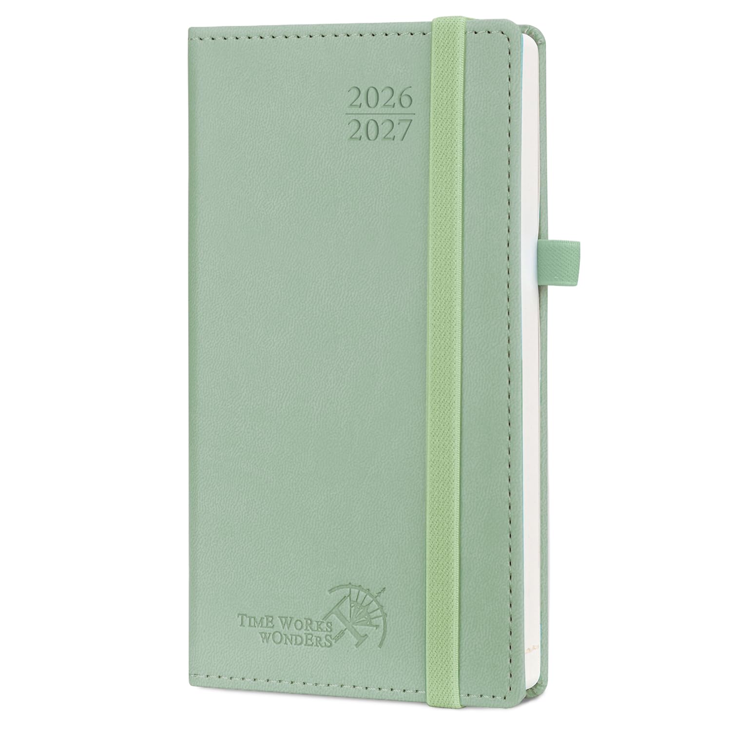 POPRUN 2026-2027 Academic Pocket Diary Week to View Slim (16.5x9 cm) 17 Months (Aug'26 - Dec'27) Small PU Leather Cover 26/27 Mid Year Weekly Planner for Bag(Celadon Green)