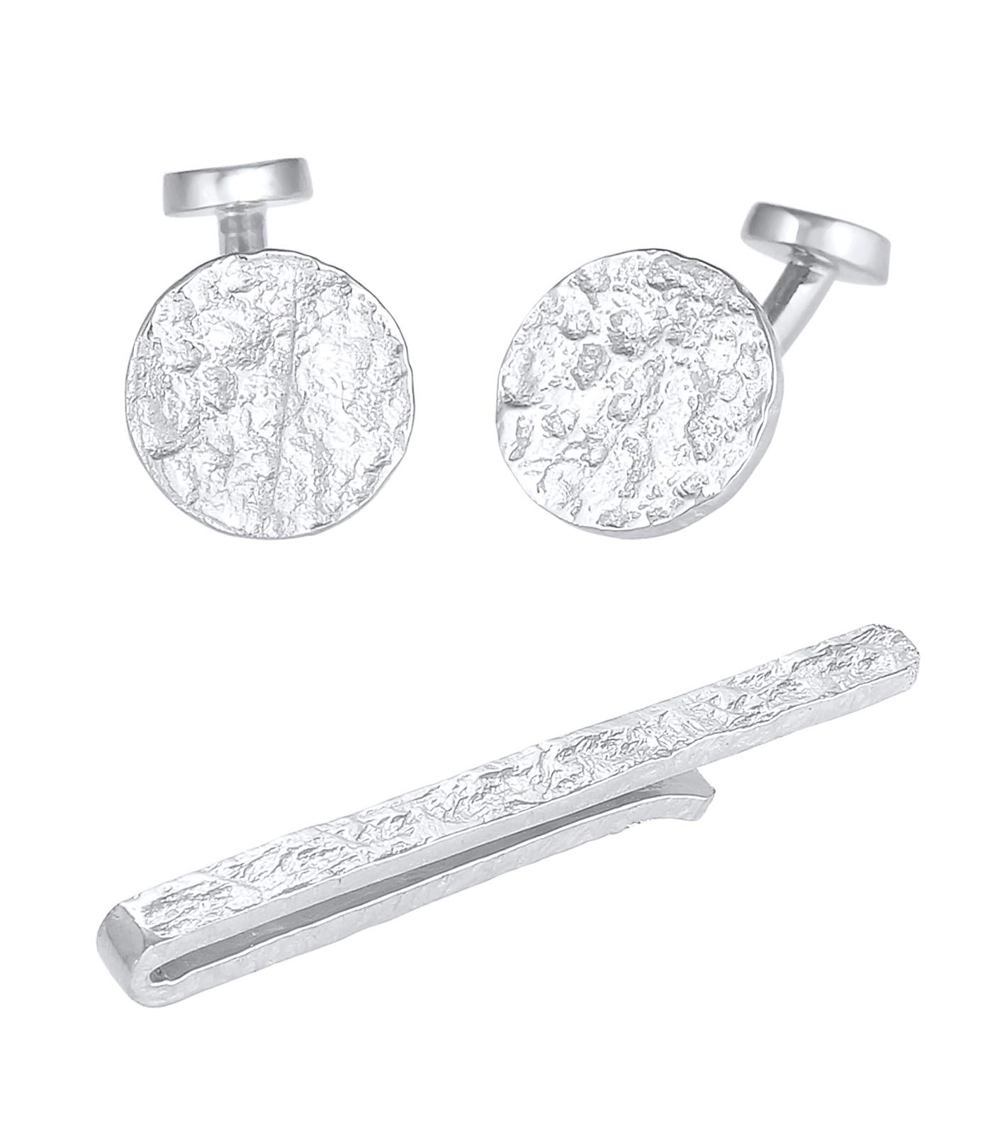 Kuzzoi Manschettenknöpfe Coin Design & Krawattennadel für Herren im gehämmerten Look, Herren Accessoire Set aus 925 Sterling Silber, Stilvolles Männer Geschenk für Hochzeit und Geburtstag