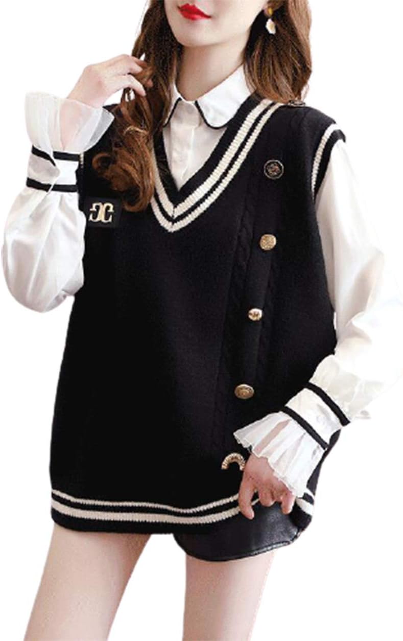 Qianqian レディース ニットベスト Vネック 高生 Jk 制服 学院風 人気ブランド 配色ライン スクールベスト 学生 ブラック 女子 通園 通学 セーラー服 袖なし Xl スクールセーター