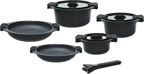 Set Pentole E Padelle MAISON ARTS 10 Pezzi Con Manico Staccabile – Antiaderente In Granito Nero, Impilabile, A Induzione, Per Campeggio E Camper
