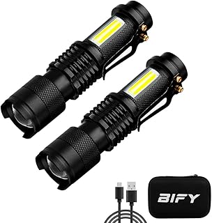 BIFY Tactical Flashlights Rechargeable 3 Modes Zoomable Waterproof COB Sidelight Mini LED Flashlights with Gift Box for Adults and Kids Outdoors Indoors Camping Hiking Party Festival (2 Pieces)