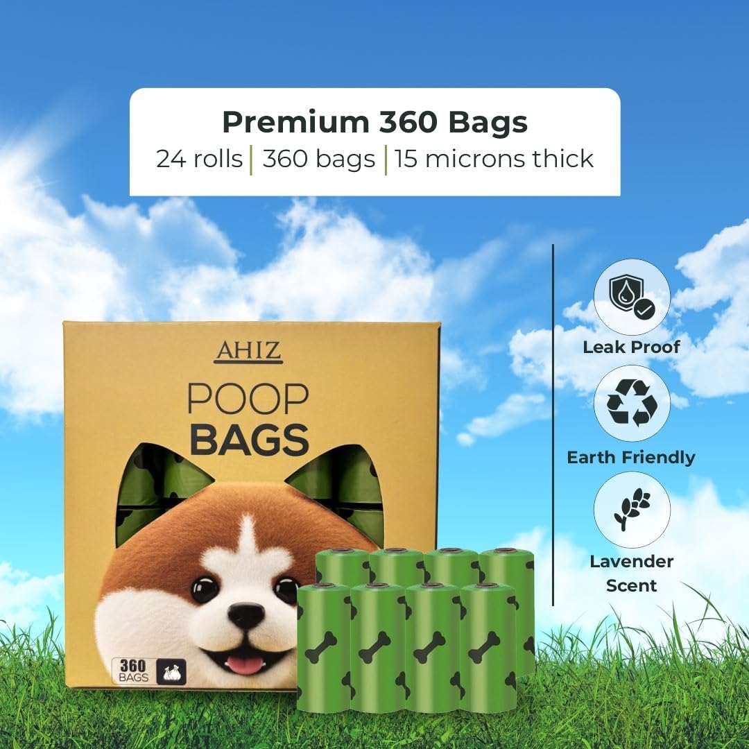 AHIZ Dog Poop Bags with Dispenser, 360 Count (24 Rolls), Thick & Leak-Resistant Waste Bags, Lavender Scented, Easy Tear Rolls - Image 2