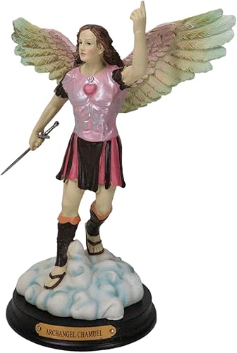Miniatura 3 de Ebros - Espada de arcángel colorido Chamuel con corazón rojo, estatua de armadura rosa de 10 pulgadas de alto, figura de ángel Camiel, compasión y