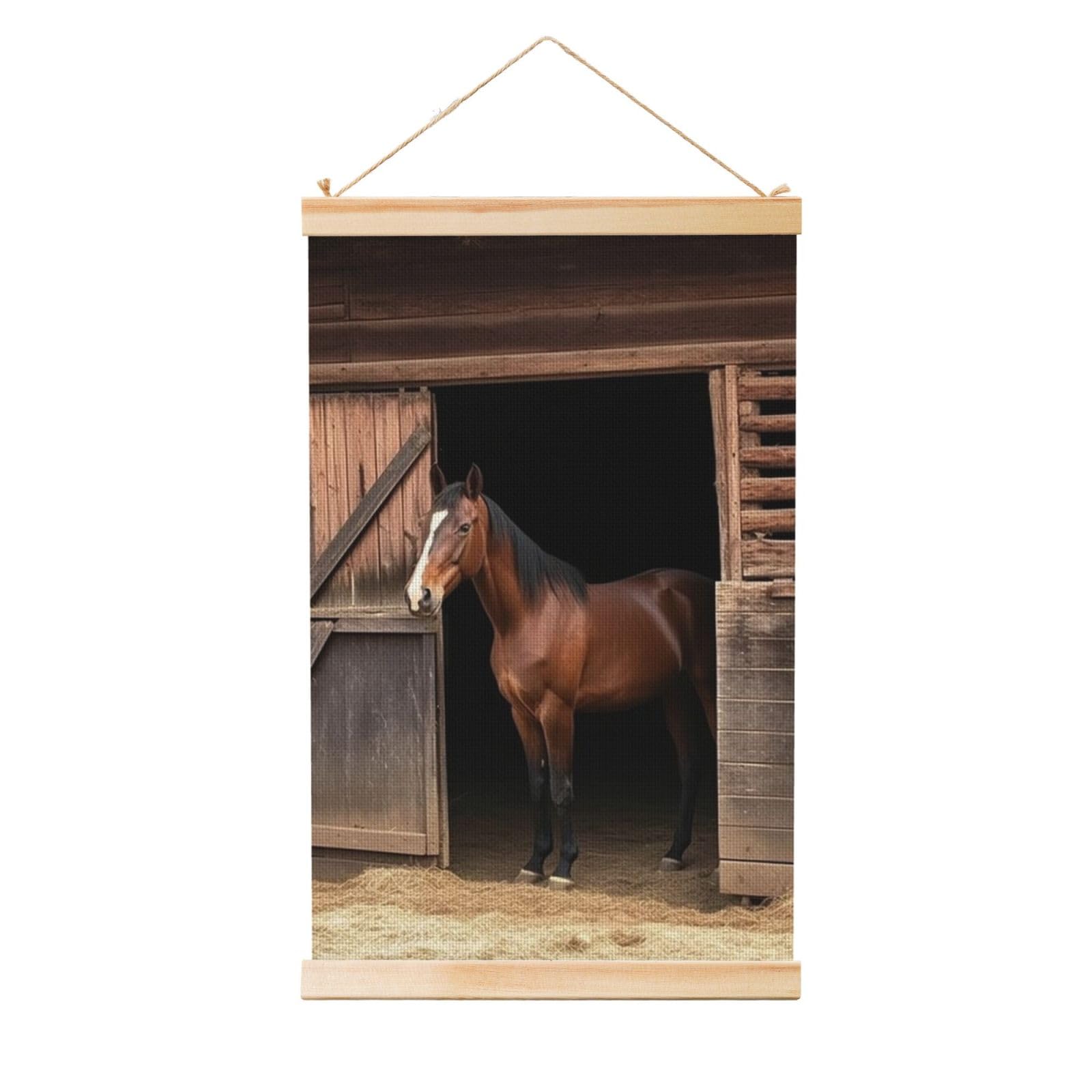 Barn Horse Poster Wooden Shaft Hanging Poster Wall Hanging Banner Canvas Artwork with Wood Frames 20"x30" Modern Artwork Decor Ready to Hang Wall Art for Home Decor Scroll Painting