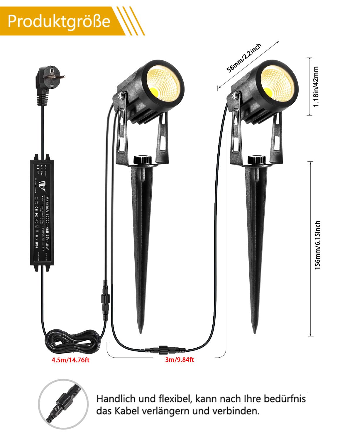 ECOWHO Gartenbeleuchtung, 6er Set Gartenleuchte mit Erdspieß, IP65 Wasserdicht LED Gartenstrahler mit Stecker, Warmweiß Scheinwerfer Gartenlampe Wegbeleuchtung Spot Außenbeleuchtung für Outdoor