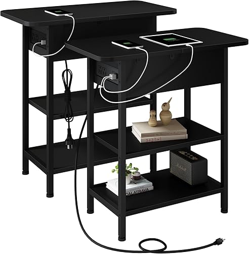 Miniatura 1 de LIDYUK Mesa auxiliar con estación de carga, juego de 2 mesas auxiliares estrechas para espacios pequeños, juego de 2 mesas de noche para dormitorio,