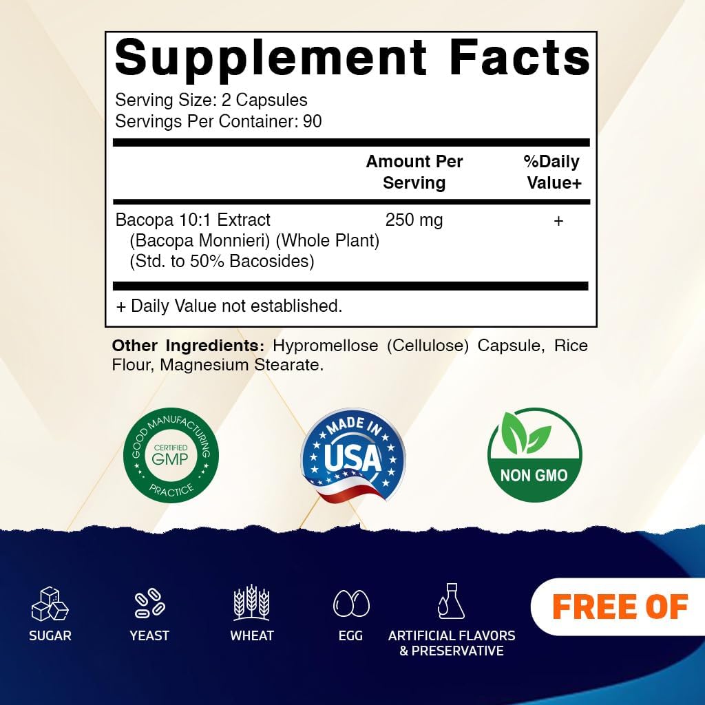 Vitamatic Bacopa Monnieri 2500 mg Equivalent Per Serving (from 10:1 Extract 250 mg) Nootropic Herbal Supplement - 50% Bacosides, Non-GMO & Gluten Free - 180 Vegetable Capsules - Image 2
