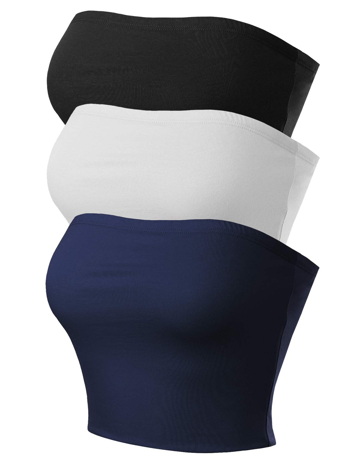 MixMatchy Women's Causal Strapless Double Layered Basic Sexy Tube Top - Pack, 3pack - Black/White/Navy, S