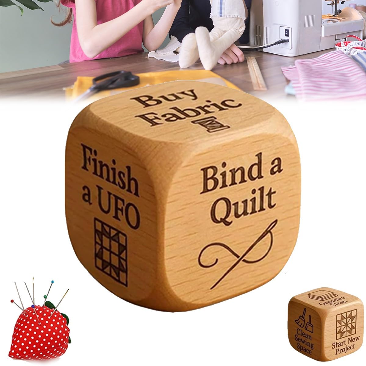 Quilter's Dice, Wooden Sewing Decision Dice with 6 Engraved Quilting Tasks, Handmade Laser Engraved Craft Die, Fun Sewing Gift for Quilters, Sewists & Craft Lovers