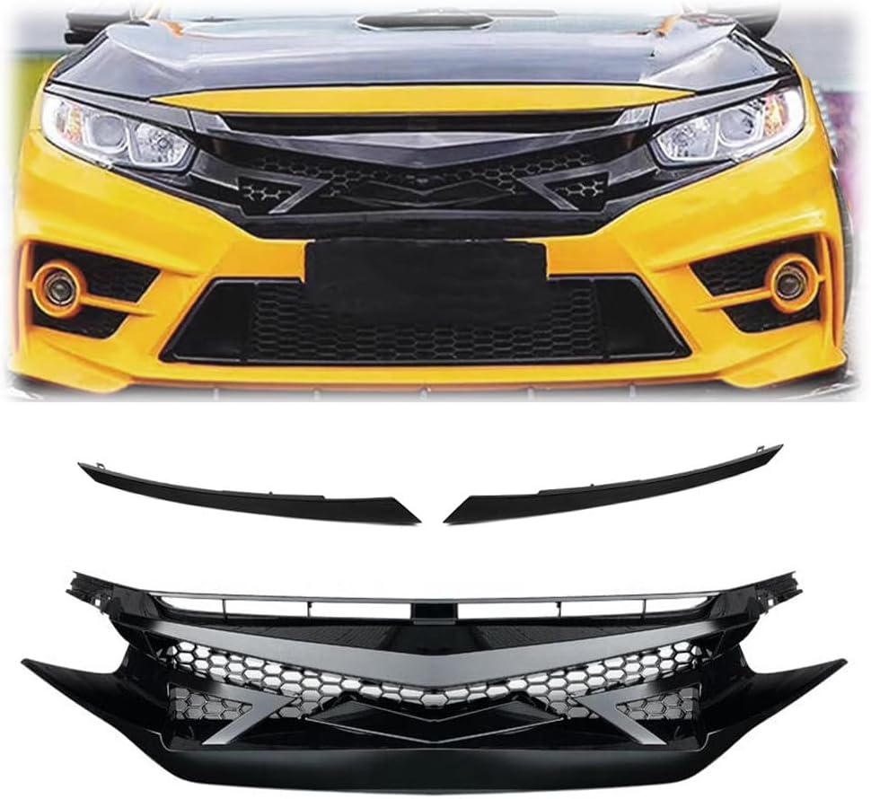 PIT66 Front Bumper Hood Grill Mesh Grille + Hood Bumper Nose Trim Cover, Compatible with Honda Civic Sedan 10th Gen 2016-2018 Glossy Black JDM Battle Style 68431JA00A
