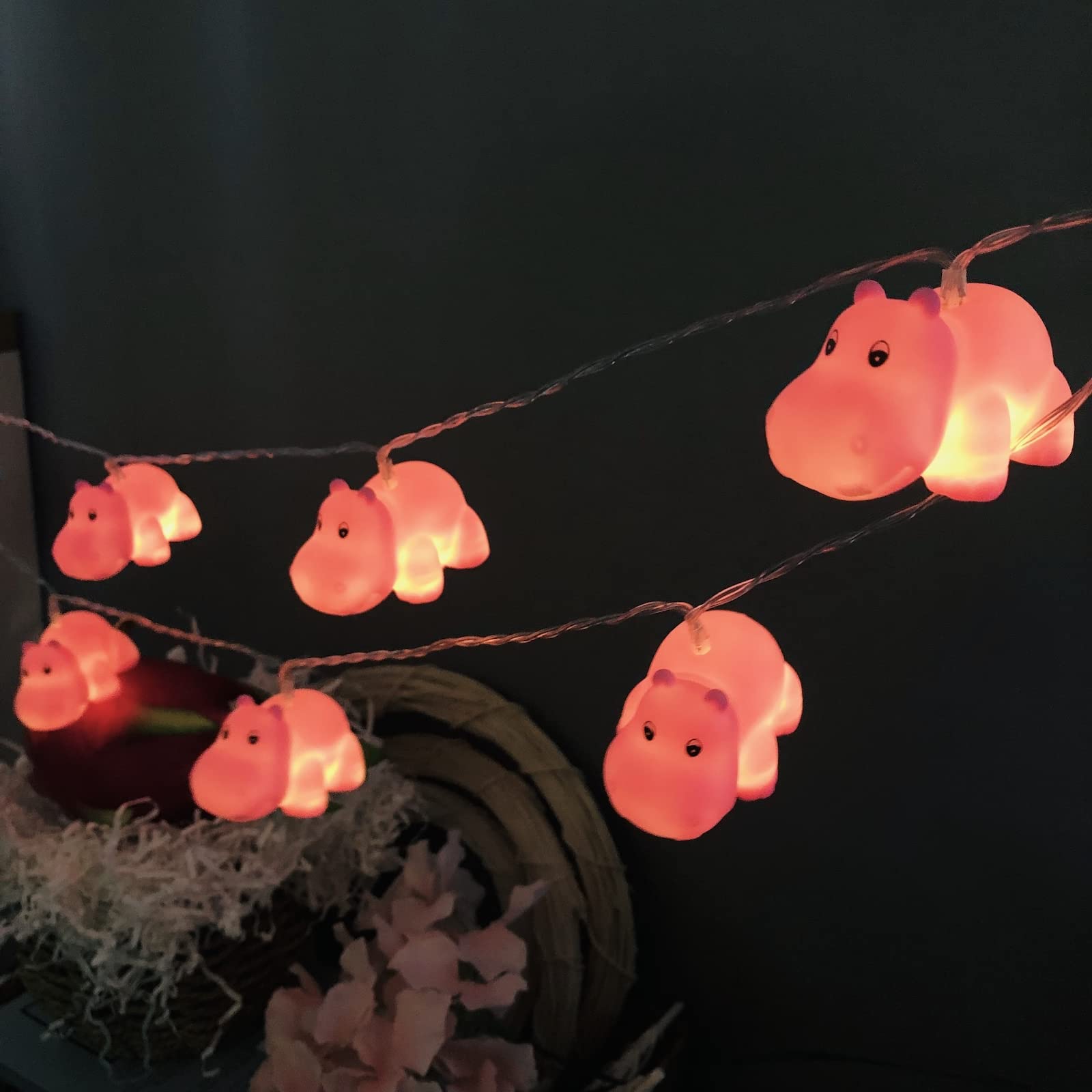 Riaxuebiy1.65M 10 LED Cute Hippo String Lights Battery Operated Decorative Festival Fairy Lights Warm White Animal Ornament Children's Bedroom Night Light (Pink Hippo)