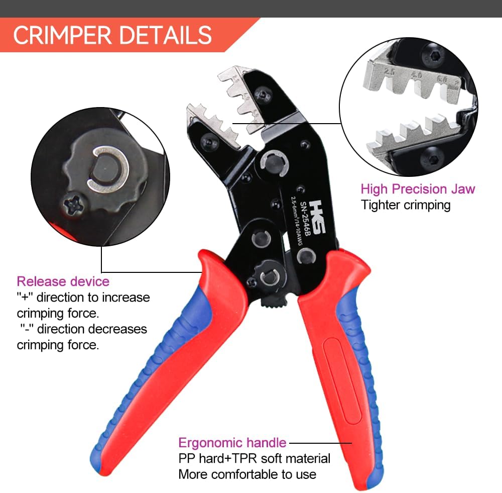 HKS Solar PV Panel Crimping Tool Kit with Crimper Stripper and 8 Pairs Solar connectors and 1Pair Solar Connector Spanner Wrench, Crimper Tool for Solar Cable AWG14-10,2.5/4/6mm²