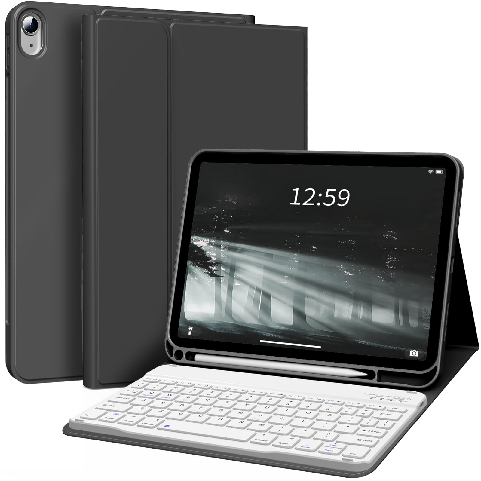 kenke for iPad 11/10th Gen Case with Keyboard 11/10.9 inch 2025 A16/2022, Detachable Wireless Bluetooth Keyboard Case with Left Side Pencil Holder, White Square Keycaps (Black