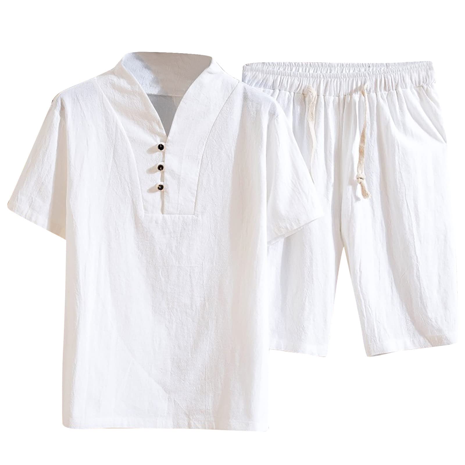 NUSGEAR 2023 Traje Hombre Algodón lino 2pc camiseta manga corta y pantalones corto color sólido Completo Conjunto Camisa Verano Moda Cómodo Causal Playa Jogging Chándal viaje Talla grande Pijama