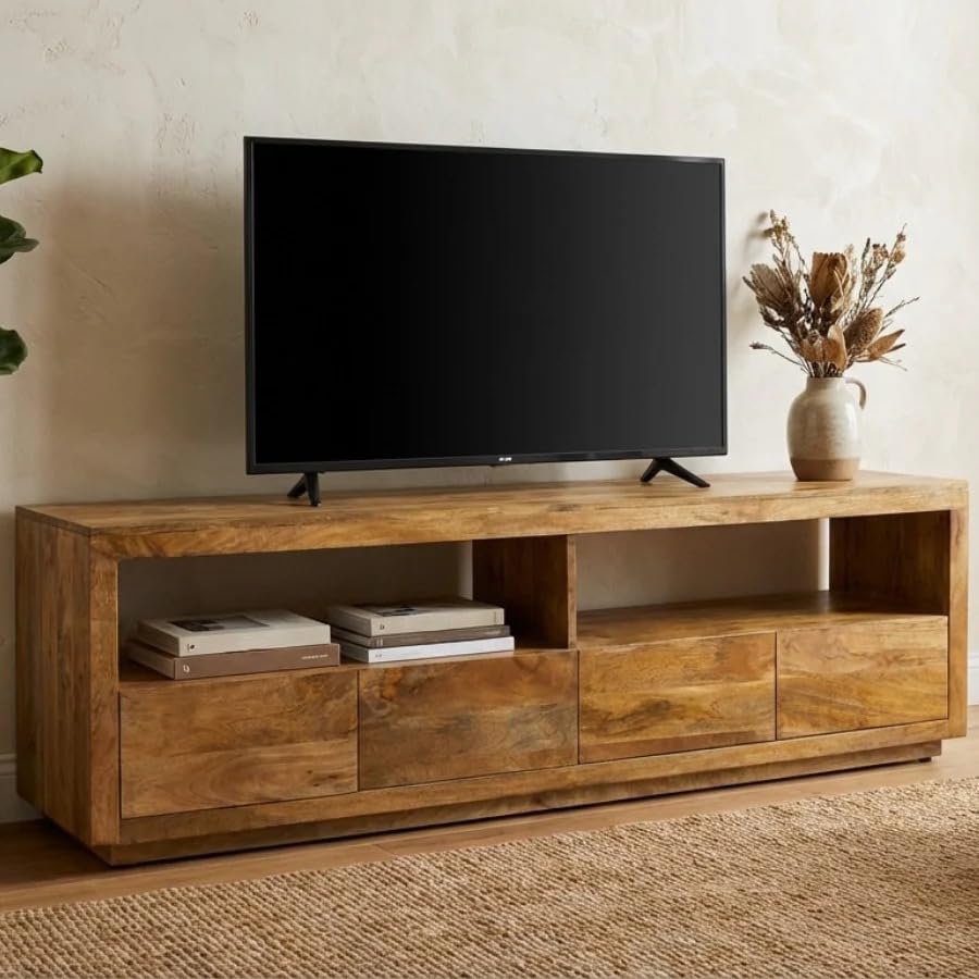Levon Artisan Solid Mango Wood TV Unit with Open Shelves and Drawers | Natural Wood Finish, 3 Storage Drawers, Open Compartments, Living Room Furniture, Rustic Style-image-48