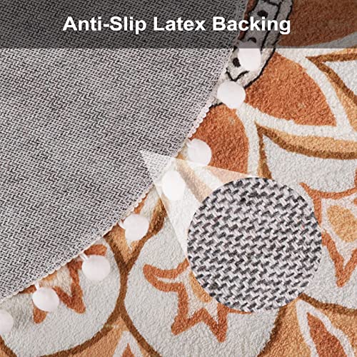 Uphome Round Rug 5.3Ft Orange Circle Boho Rug With Pom Pom Fringe Machine Washable Non-Slip Sofa Floor Mat Soft Cute Blooming Mandala Carpet For Living Room Bedroom Kid's Room Nursery #TOP3